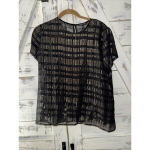 Eileen Fisher 100% Silk Metallic Ombre Black Sheer Oversize Boxy Top Silver Gold